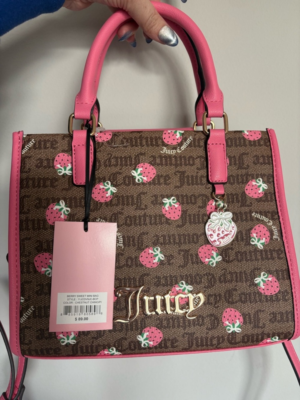 Juicy Couture Brown Logo Satchel with Pink Strawberry Accents